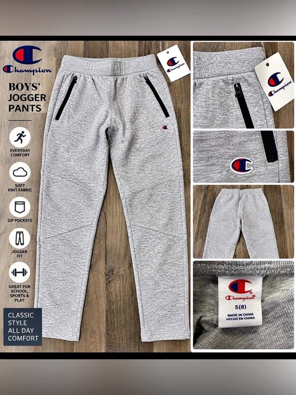 Champion Boys Double Knit Jogger Pants – Heather Gray – Size S (8) – NWT